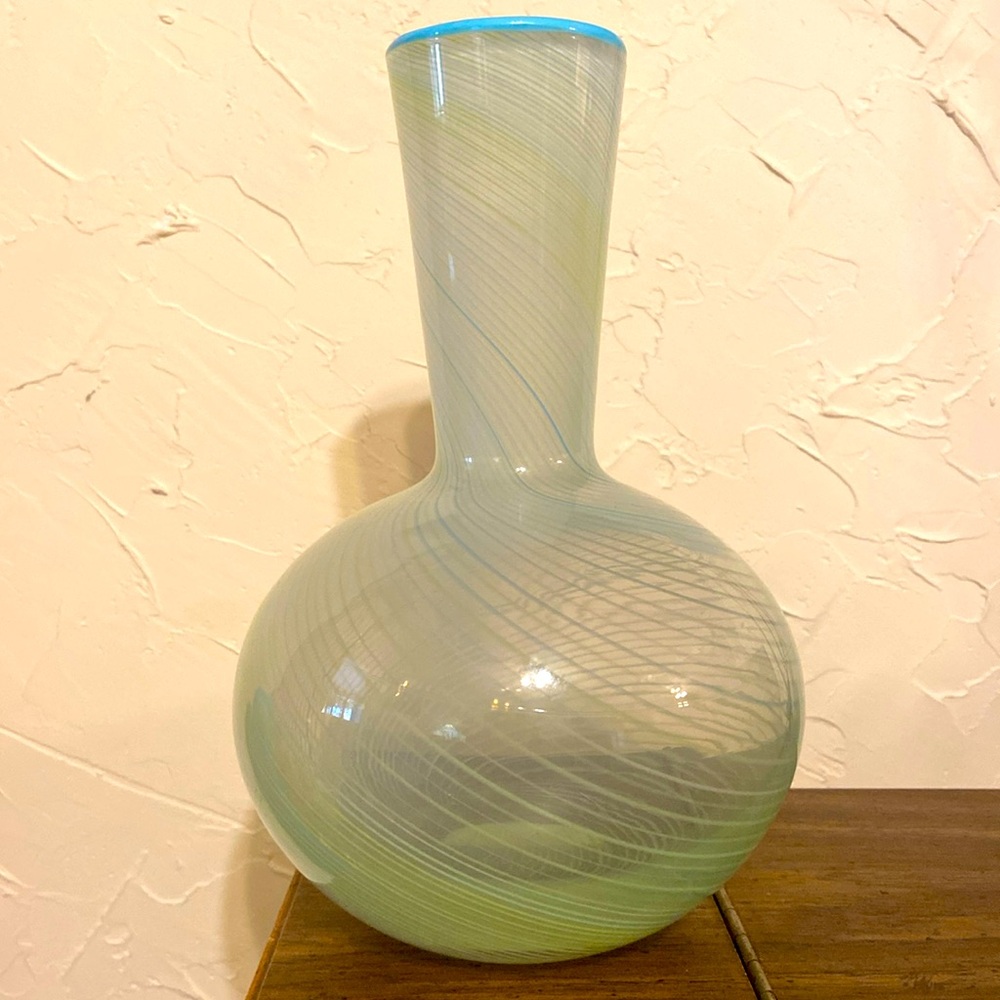 DANSK ART GLASS GREEN & BLUE OPALESCENT SWIRL 9 1/4" VASE